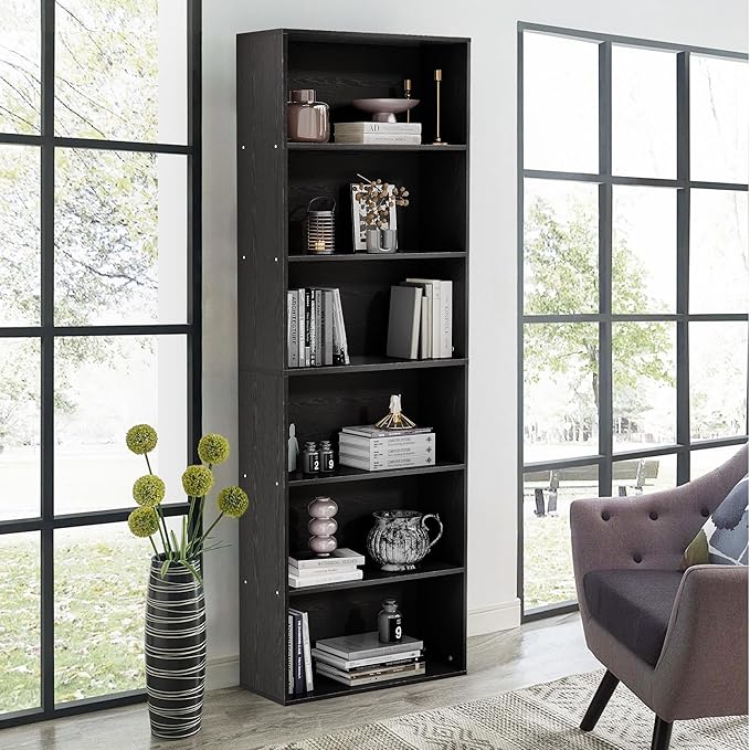 71" Tall Bookcase, 6-Tier Open Display Storage Shelves, Floor Standing Large Book Shelf for Living Room, Home Office, Bed Room, Black