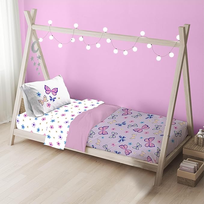 Sunny Side Up Butterfly Toddler Comforter Set - 4 Piece Toddler Bedding Includes Comforter, Sheets & Pillow Cover – Super Soft Purple Floral Microfiber Bed Set