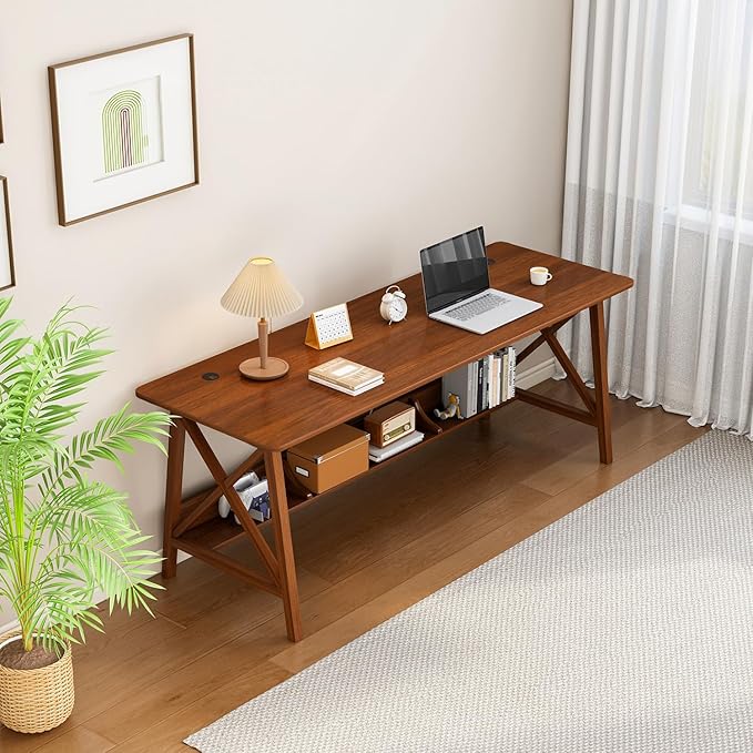 Extra Long Desk with Bookshelf - Wooden Home Office Work Study Table, Writing Computer Workstation with Storage Shelf in Walnut, 55" Wx20 Dx30 H