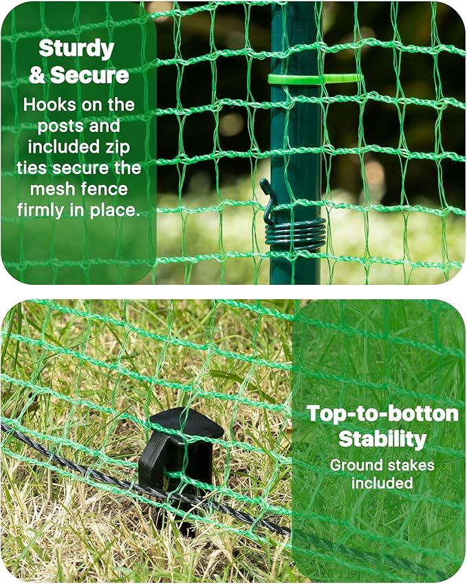 Temporary Fence with Metal Posts, 40" Hx50'L Garden Fence Animal Barrier with Ground Spikes, Plastic Fencing for Outdoor Dogs, Chicken, for Backyard, Patio, Garden