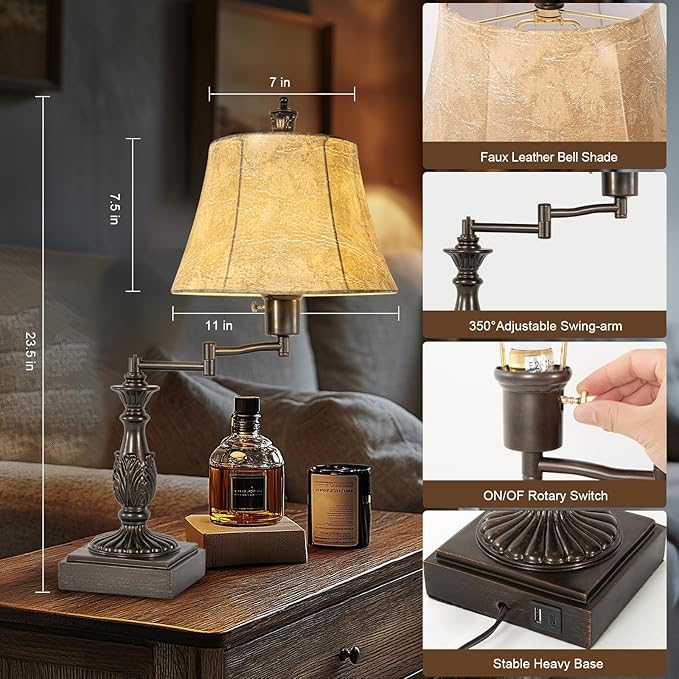 23.5" Rustic Traditional 350° Adjustable Swing Arm Table Lamp Set of 2