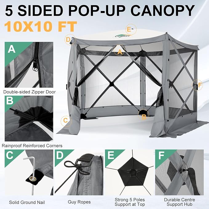 COBIZI 10x10ft Pop up Gazebo Screen House Tent for Camping, Pop-up Camping Canopy with Sidewalls,Portable Outdoor Quick-Set Hub Tent with Carrying Bag&Ground Stakes,Gray(Upgraded 2.0)