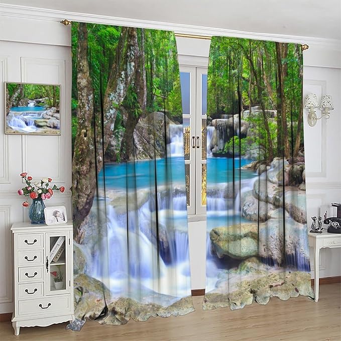 Forest Waterfall Blackout Curtains, Spring Nature Theme Natural Scenery Mountain Scenery Rod Pocket Window Drapes, for Bedroom Living Room 55" W X 63" L