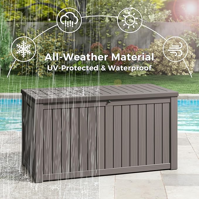 NUNU LAB 150 Gallon Outdoor Storage Box,Resin Large Sturdy Deck Box, Backyard Outside Storage Box Waterproof with Double Wall Panels,Package Delivery,Garden Outdoor Hose Bin