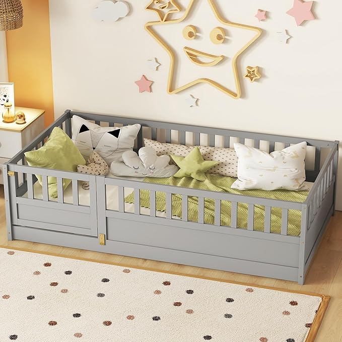Twin Size Floor Bed with High Fence, Door and Slats, Twin Floor Bed with Slats(Gray Twin)