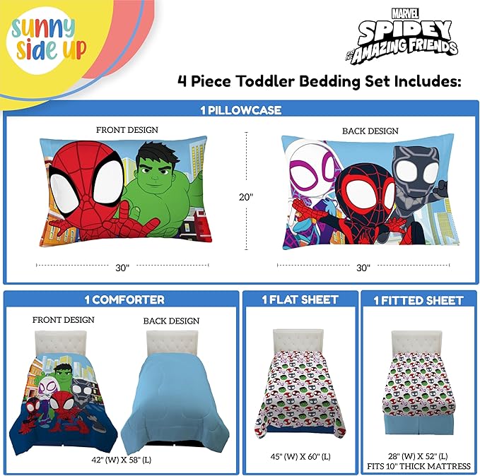 Sunny Side Up Marvel Spidey & His Amazing Friends Toddler Comforter Set - 4 Piece Preschool Bedding Includes Comforter, Sheets & Pillow Cover – Super Soft Superheroes Microfiber Bed Set