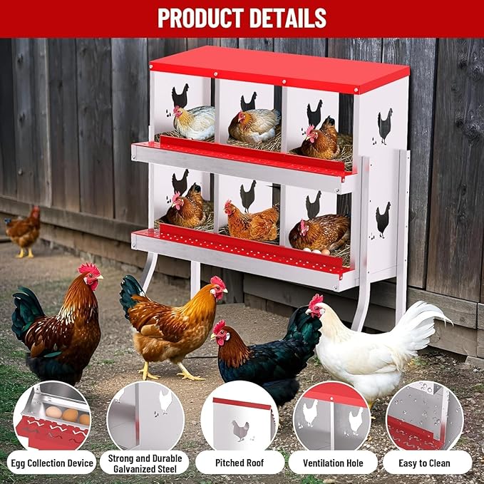 Metal Chicken Nesting Box, 6 Compartments, Rollout Egg Collection, Large Vented Holes, Perch Included, Wall Mount or Free Standing Laying Box for Hens and Chickens - Red with Legs