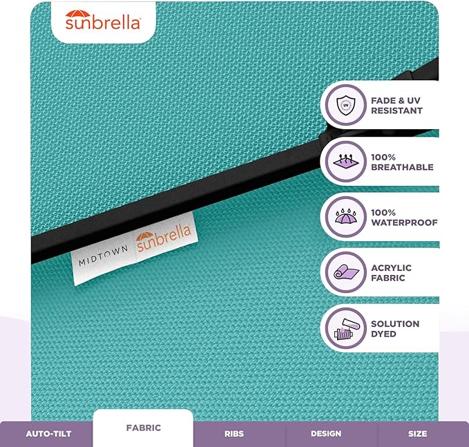 Midtown Umbrellas Sunbrella Umbrella 8 Feet Outdoor Umbrella With Sunbrella Aruba Acrylic Fabric - Auto-Tilt Aluminum Frame Patio Umbrella For Backyard, Deck, Garden, Pool - Black Pole