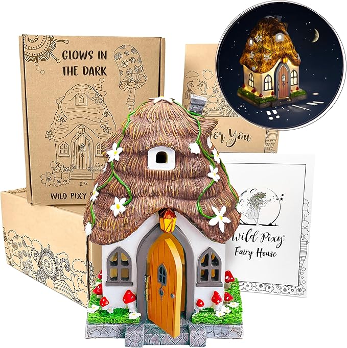 WILD PIXY Fairy Garden House - Glow in The Dark Fairy Cottage with Opening Door and Solar LED Light, Beautiful Miniature Garden Decoration for Indoor or Outdoor Fairy Gardens - 7.1" Fairy House