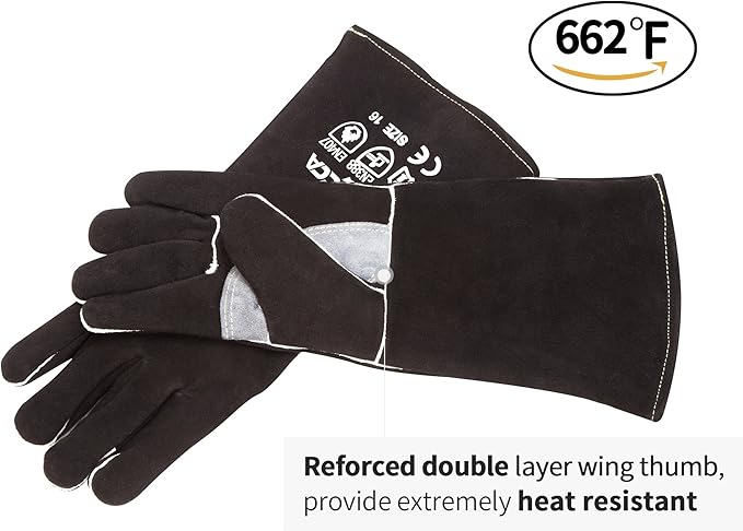 RAPICCA Fireplace Gloves Fire Heat Resistant: Black 14IN - Fireproof Leather for Fireplace Fire Pit Wood Stove Campfire Furnace BBQ Grill Oven Stick Mig Welding Welder Gear - Birthday Gift for men