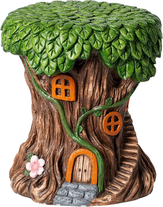 13''H Fairy House Statue Outdoor Statues Garden Resin Stool Over-Sized Sculpture Forest Pedestal Spring Decor for Home Courtyard Lawn Patio Summer Ornament Indoor Stool
