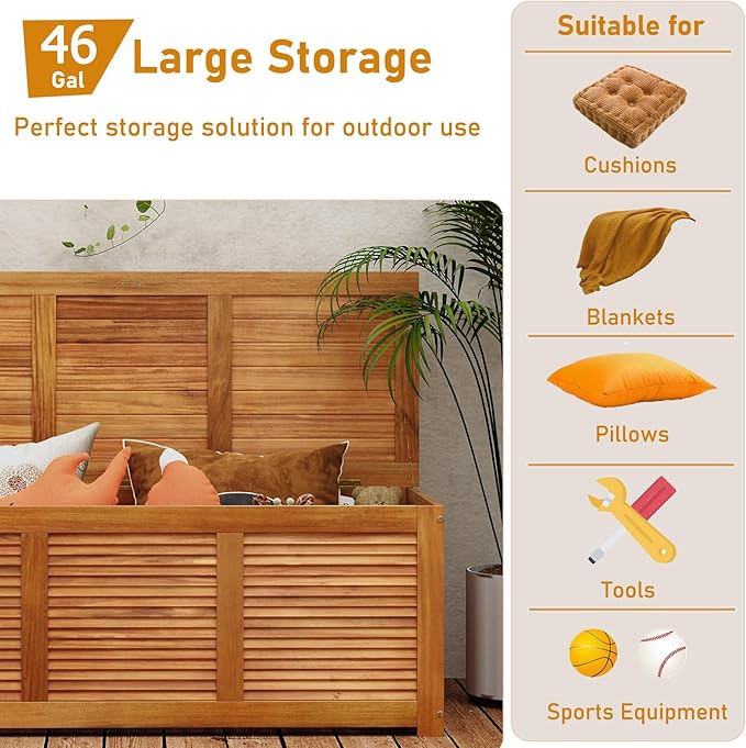 RELAX4LIFE Deck Box Acacia Wood, 46 Gallon Backyard Storage Bin Container for Patio Furniture Cushions, Pillows, Garden Tools, Pool Accessories, Wooden Porch Bench, Indoor Outdoor Storage Box (46 Gal)