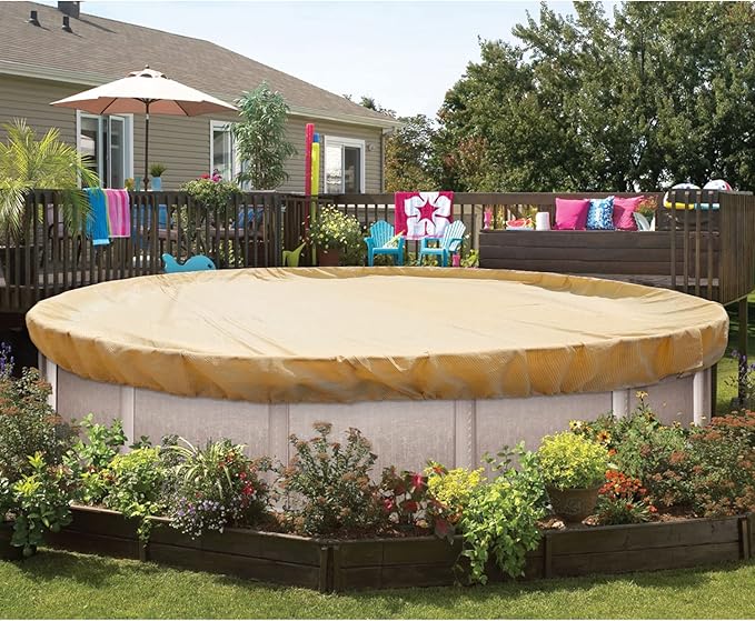 ECOOPTS Round Pool Cover for Above Ground Pools, Swimming Pool Cover Protector Winter Safety Cover (15 ft, Beige)