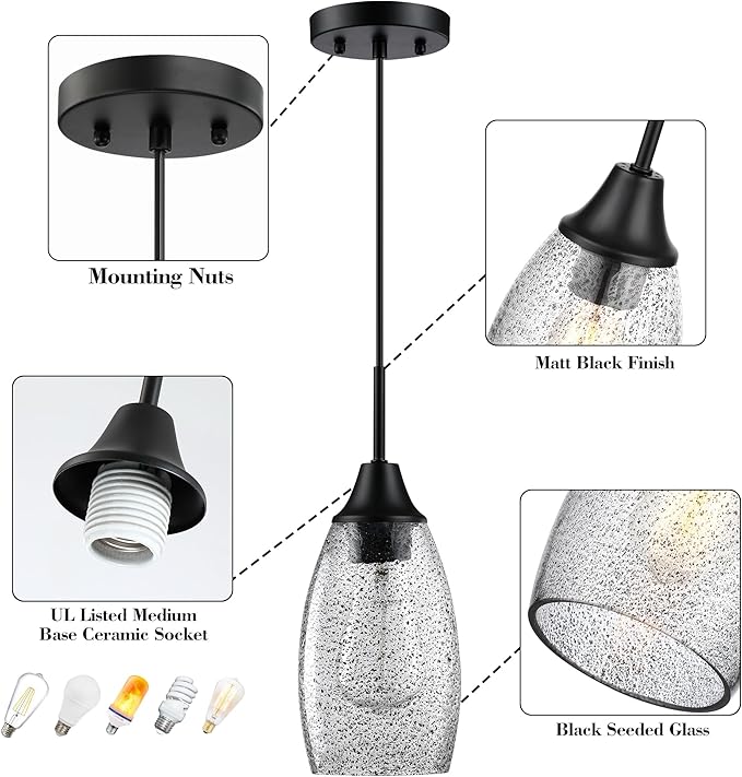 Mini Glass Pendant Light, 4.72" Black Glass Hanging Light 3-Pack Handblown