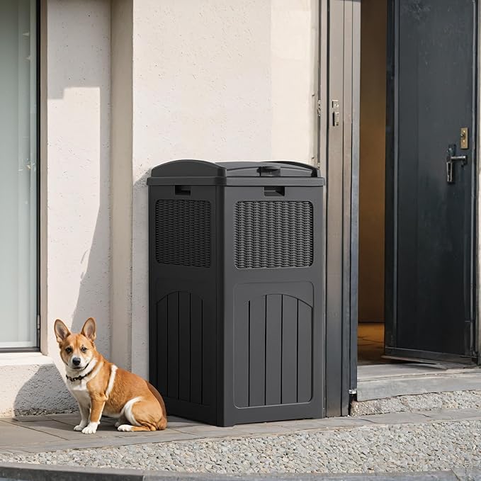 Flamaker 30 Gallon Trash Can, Resin Outdoor Garbage Can with Lid, Waterproof Hideaway Patio Waste Bins for Outside Use (Gray)