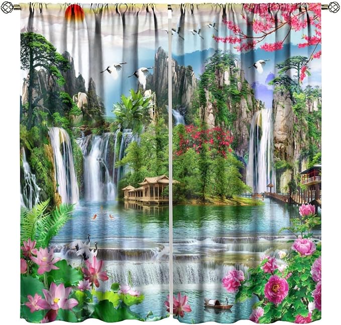 Waterfall Blackout Curtains, Forest Waterfall Rocky Lotus Fish Landscapes Print Window Drapes, for Living Room Bedroom 42" W X 63" L