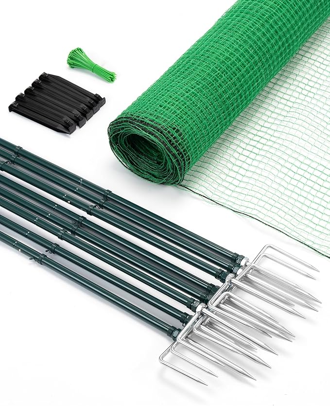 Temporary Fence with Metal Posts, 40" Hx50'L Garden Fence Animal Barrier with Ground Spikes, Plastic Fencing for Outdoor Dogs, Chicken, for Backyard, Patio, Garden
