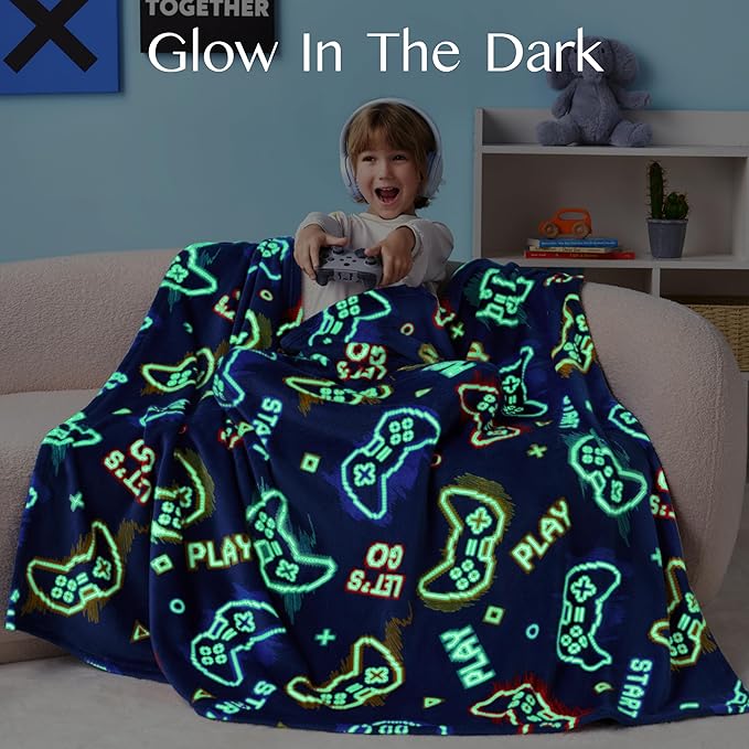 Joiedomi Glow in The Dark Gaming Blanket Gamer Gifts for Boys Age 2 3 4 5 6 7 8 9 10 11 12 Year Old, Soft Cozy Flannel Kids Throw Blanket, Birthday Bedroom Decor Dark Blue 50"×60"