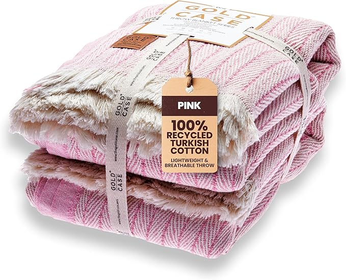Gold Case Throw Blanket for Couch - 100% Recycled Turkish Cotton Blankets & Throws - Vintage Soft Throw Blankets for Living Room - Boho Decorative Woven Couch Blanket - 50x60 - Pink (Set of 2)