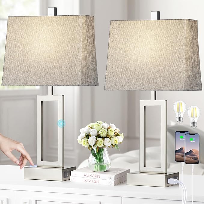 Touch Control Table Lamps Set of 2, Modern Silver Bedside Lamps