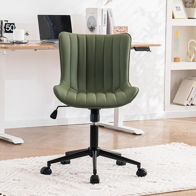 YOUNIKE Armless Home Office Desk Chair with Wheels Compact Comfy Vanity Chair with Adjustable Back Modern Small Leather Upholstered Rolling Swivel Cute Task Drafting Sewing Chair No Arms Olive Green
