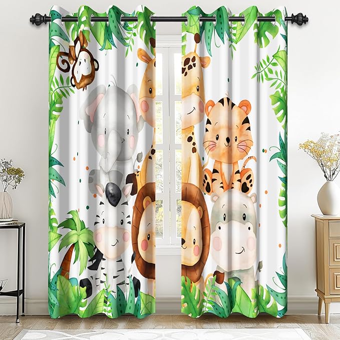 Renaiss 52 x 96 Inch Safari Animal Curtains for Kids Tropical Rainforest Lions Tigers Elephants Giraffes African Jungle Tree Green Leaf Print Window Drapes for Nursery Baby Bedroom Playroom 2 Panels