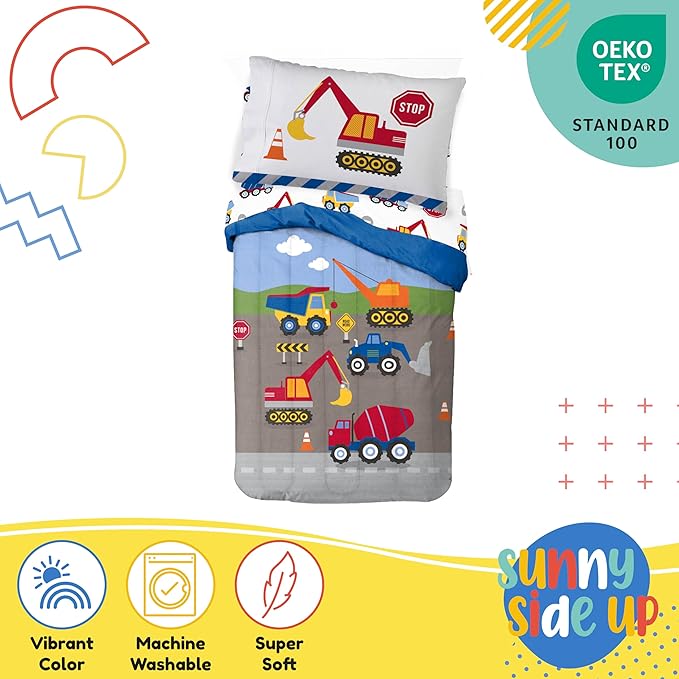 Sunny Side Up Construction Zone Toddler Comforter Set - 4 Piece Preschool Bedding Includes Comforter, Sheets & Pillow Cover - Super Soft Vehicles Microfiber Bed Set