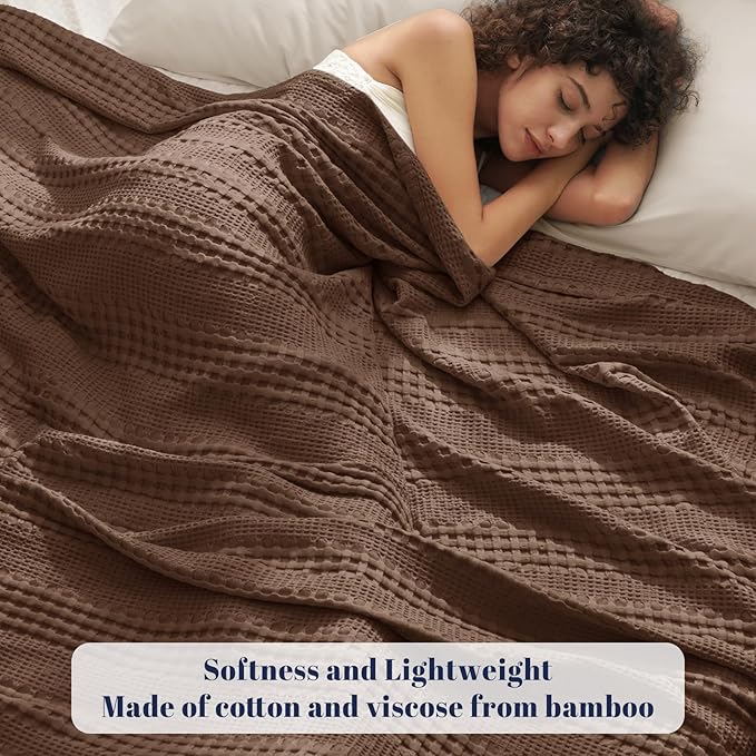 PHF Cooling Waffle Blanket Queen Size, Lightweight 60% Rayon Derived from Bamboo & 40% Cotton Breathable Blanket for Hot Sleepers, Soft and Luxury for Bed Couch and Sofa, 90"x90", Cocoa Brown