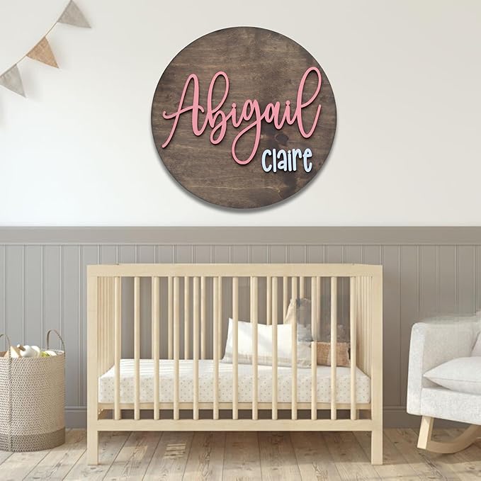 Custom Round Nusery Name Sign, Personalized 3D Baby Name Announcement Sign, Personalized Wooden Wall Plaque, 3D Wall Art for Children & Kids Rooms, Family Name Signs, 30 Colors (Design 12)