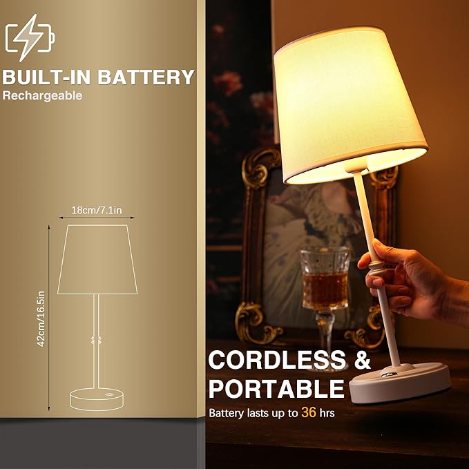 Rechargeable LED Cordless Table Lamp, 5200mAh Battery Operated, 3 Level