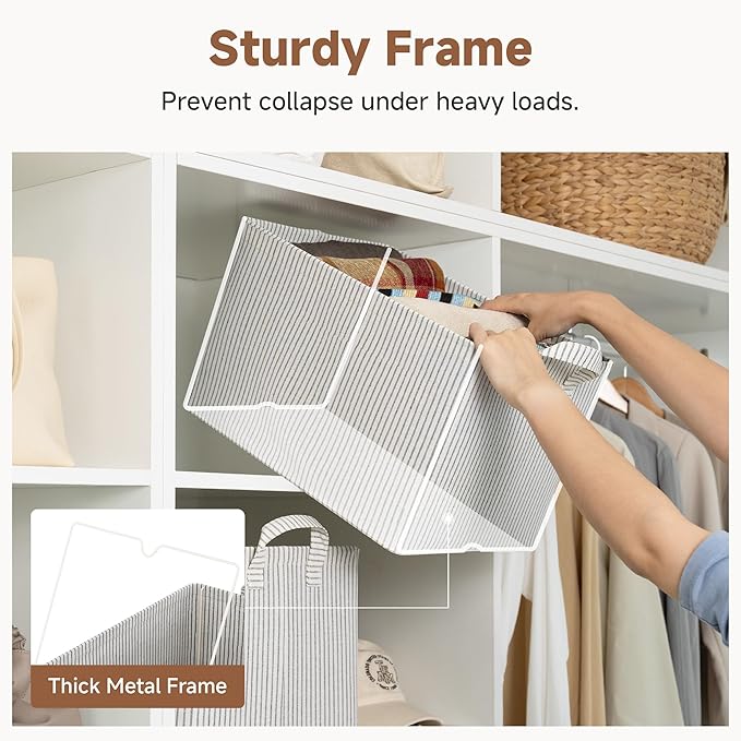 StorageWorks Storage Bins, Fabric Storage Bins for Shelves, Large Storage Baskets with Metal Frame, Closet Baskets and Bins with Handles, Khaki and Beige Stripes, 2-Pack