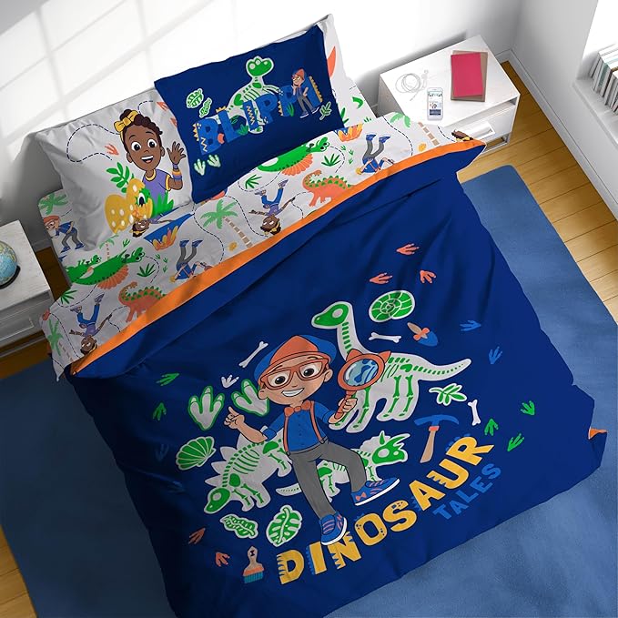 Sunny Side Up Kids Comforter Set Includes Sheets and Pillow Covers - Soft and Cozy Bed Set for Stylish Room Decor, Blue - Blippi, 7 Piece Full Bedding