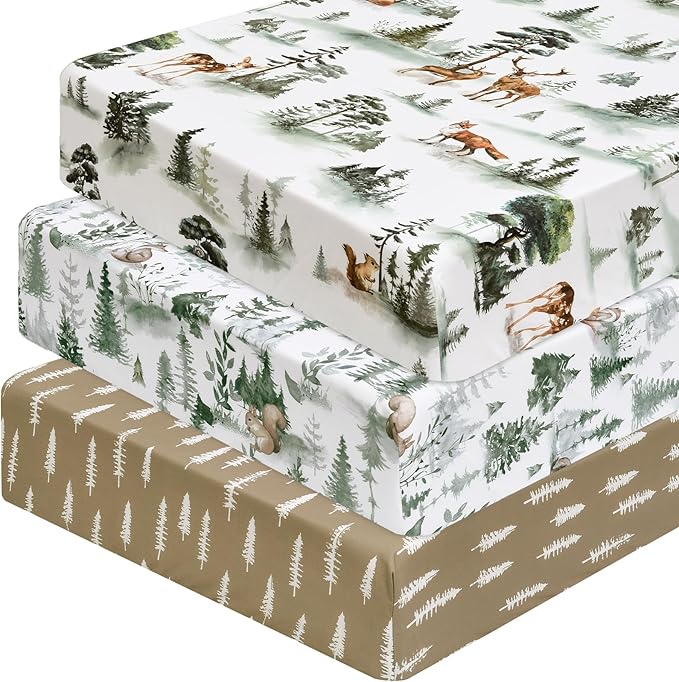 PHF 3 Pack Soft Woodland Crib Sheets Fitted, Silky Comfy Breathable Baby Sheets for Boys Girls Neutral, 28x52 Inches Fits Standard Crib and Toddler Mattresses, Woodland