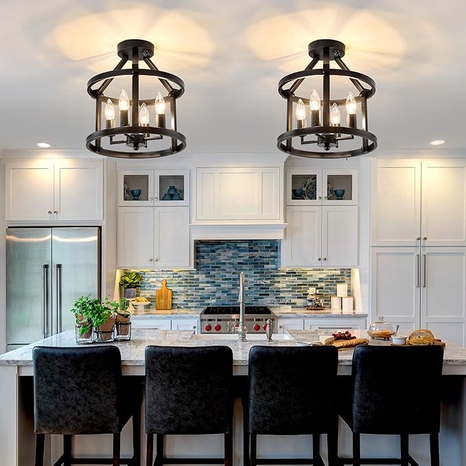 UOFUS Indoor Motion Sensor Ceiling Light Fixture Black Semi Flush Mount