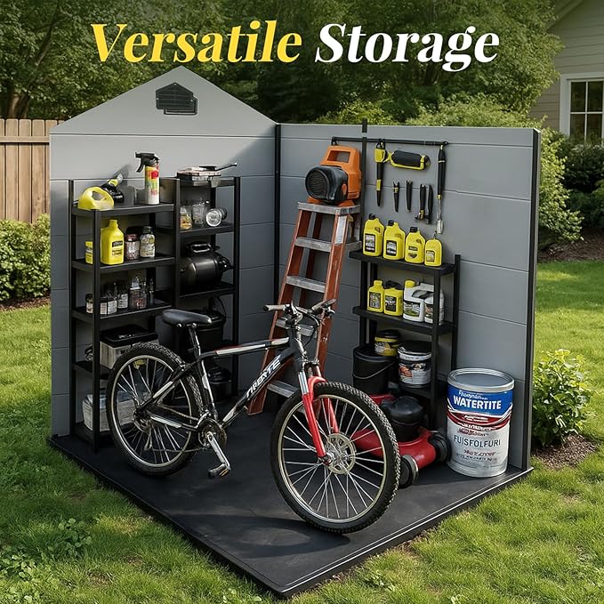 8x6ft Resin Outdoor Storage Shed with Floor and 2 Windows, Plastic Sheds & Outdoor Storage Clearance for Patio Furniture, GardenTools, Bike Accessories and Lawn Mower, Black+Grey
