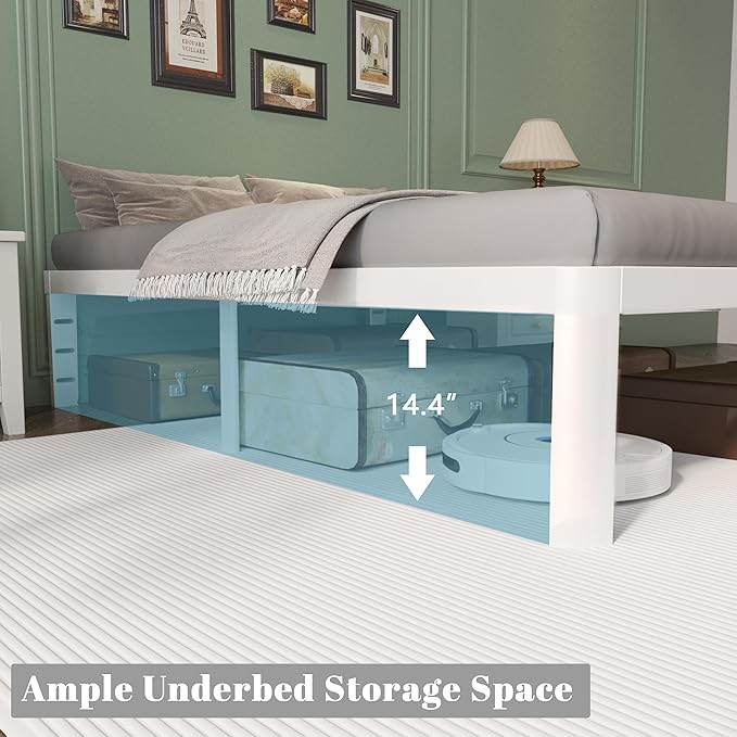 16 Inch Twin Bed Frames with Metal Baffles, White Twin Metal Bed Frame No Box Spring Needed, Heavy Duty Steel Platform Supprt, Rounded Corner Design, Storage Space. Noiseless, Reserved Holes