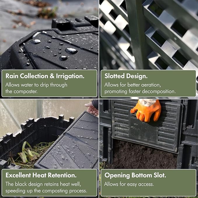 VonHaus Compost Bin for Garden 360L – Composter with Slatted Design for Aeration, Rainwater Collection, Side Flap & Lid – Outdoor Compost Converter – Frost & UV Resistant - Black