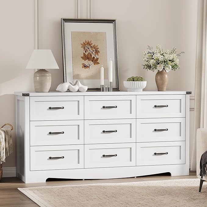 Dresser for Bedroom with 9 Drawers, 59" Wide Modern Chest of Drawers with Deep Drawers & Mental Handle, Wood Dresser TV Stand, Wooden Closet Storage Organizer for Living Room, Hallway, Entryway, White
