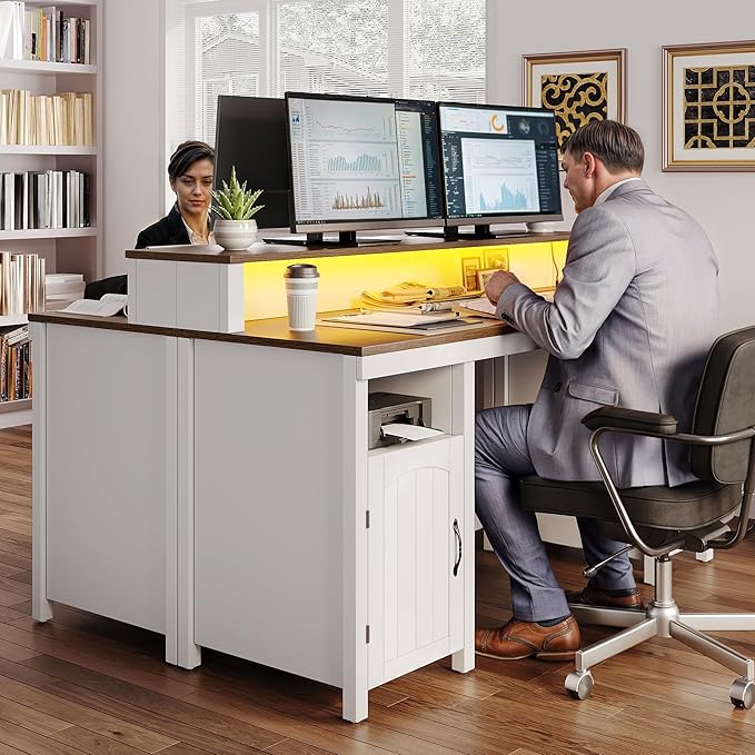 DWVO Farmhouse Office Desk with Drawer & Power Outlets, Wood Computer Desk w/LED Strip & Monitor Stand for Bedchamber Study, Home Office Table with Storage Cabinet for Working Writing Gaming (White)