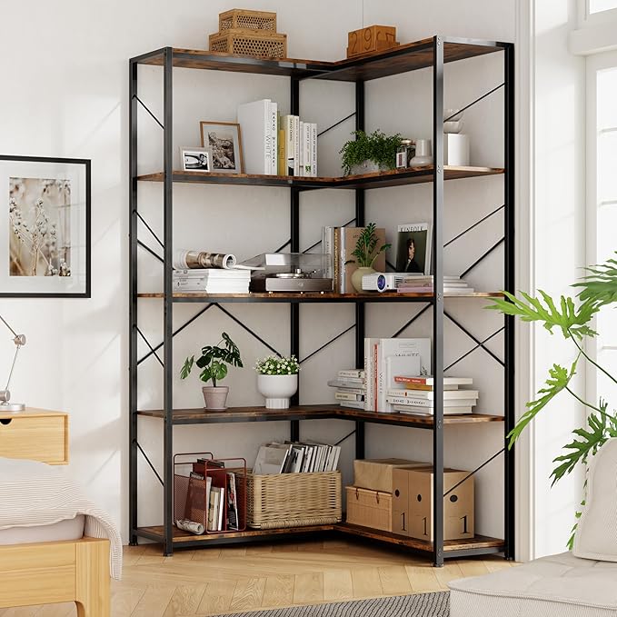 Shintenchi 5 Tier Corner Bookshelf,L Shaped Bookcase,Large Etagere Bookcase,Corner Shelf Display Storage Rack with Metal Frame for Living Room Bedroom Office,Rustic Brown