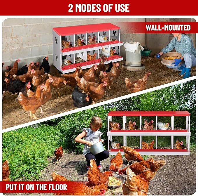 Chicken Nesting Box, Heavy-Duty Metal Chickens Laying Boxes with 10 Compartments, Large Vented Holes Hens Laying Box, Chicken Coop with Rollout Egg Collection, Wall Mount - Red