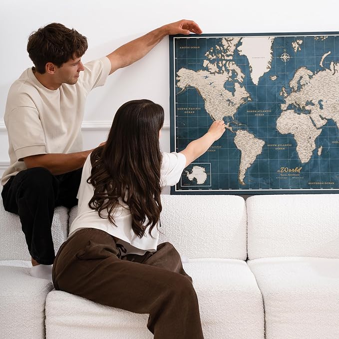Canvas World Map with Cork Pin Board - English Lettering - Decorative Wall Decoration for All Rooms - Canvas Pictures with World Map Motif (150x100 cm, Pattern 19)