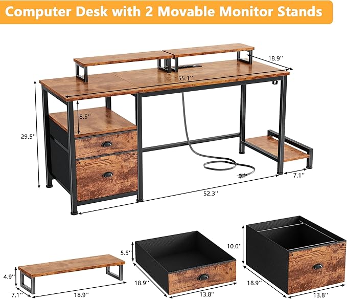Furologee 55" Computer Desk with File Cabinet and Power Outlets, Home Office Desk with 2 Movable Monitor Stands and Storage Drawer, Writing Table with Shelves and 2 Hooks for Bedroom, Rustic Brown