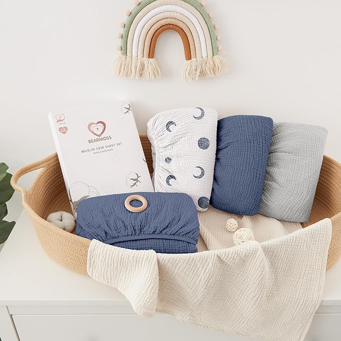 Bearmoss Muslin Mini Crib Sheets for Pack N Play Mattress - 100% Cotton - 38"x26" Soft Breathable Playard Baby Crib Sheets Neutral for Boys Girls - 2 Pack (Blue Crescent)