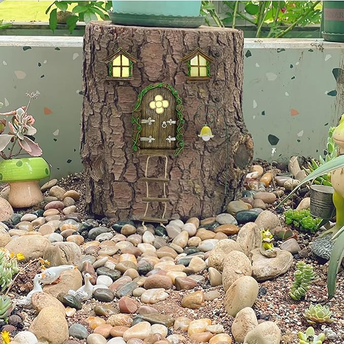Fairy Door and Windows Garden Kit Accessories Outdoor, Glow in Dark Gnome House for Tree, Lawn Yard Art Sculpture, Miniature Garden Decor (Ladder)