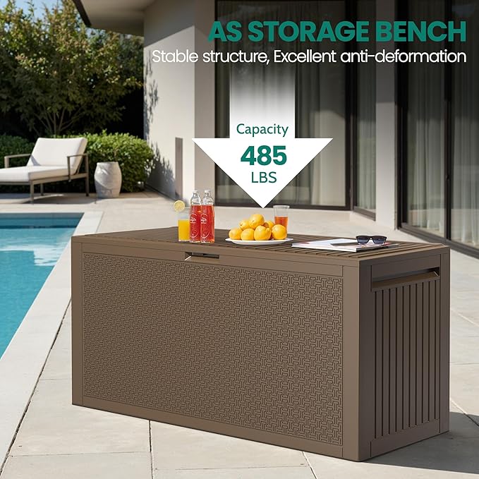 90 Gallon Outdoor Deck Box, Waterproof Outdoor Storage Box, Durable Resin Bin for Patio Cushions, Garden Tools and Pool Accessories, Lockable with UV Protection, Brown, Patio Furniture