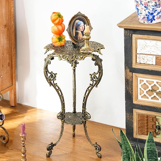 Sungmor Vintage Cast Iron Plant Stand - Ornate Gold Pedestal Table for Indoor Outdoor Garden, 27.5" Antique Metal Flower Pot Holder, Victorian Style Plant Display Stand - Patio, Porch, Balcony Décor