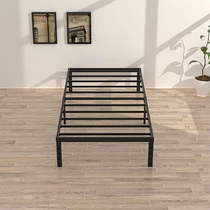 16 Inch Twin Bed Frames No Box Spring Need, Metal Platform Bed Frame Twin Size Heavy Duty Mattress Foundation with 14 Inch Storage, Eassy Assembly 2,500 lbs Steel Slats Support, Black