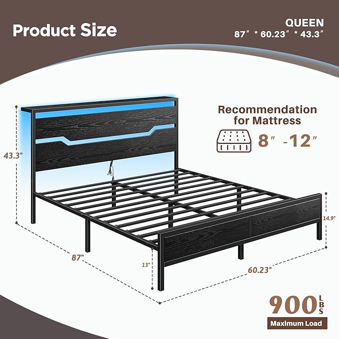 Queen Bed Frame with LED Lights & Charging Station, Bed Frame Queen Size with Headboard,13" Under Bed Storage, Noise-Free Heavy Duty Metal Support, Modern Black