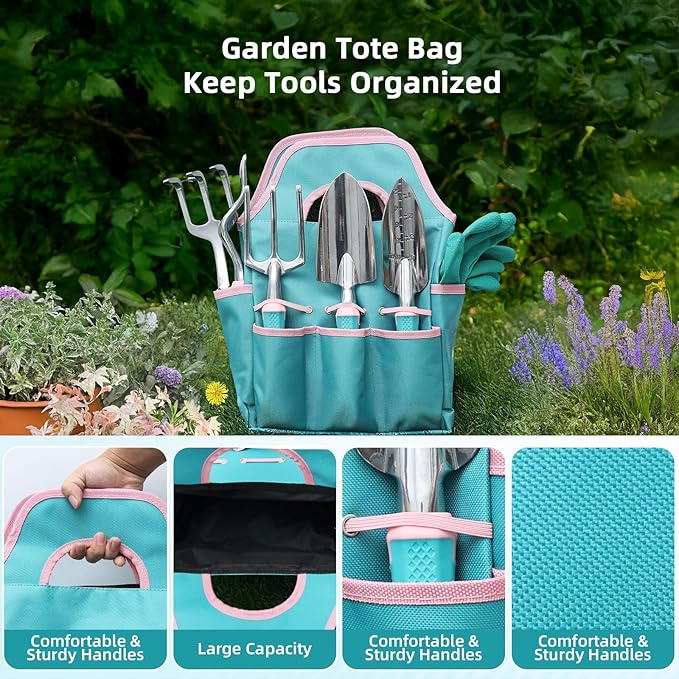 MelonArt Garden Tool Set,8 Pcs Gardening Hand Tool Starter Kit for Women Heavy Duty Outdoor Tool Kit Aluminum Alloy with Non Slip Ergonomic Handle, Ideal Gifts for Women and Men, Green&Pink